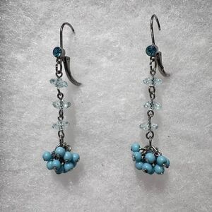 Turquoise And Rhinestone Crystals And Sterling Silver Drop Earrings